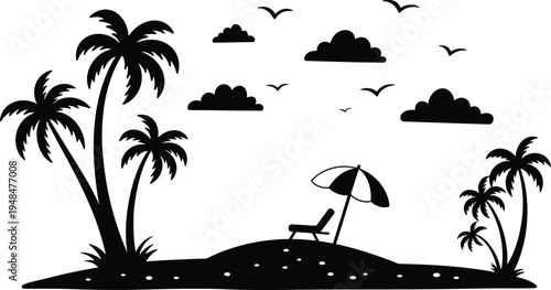 Black silhouette of a tropical island with palm trees and a lounge chair under a cloudy sky with birds flying