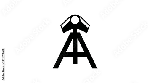 Black and white graphic featuring a stylized, geometric representation of a structure