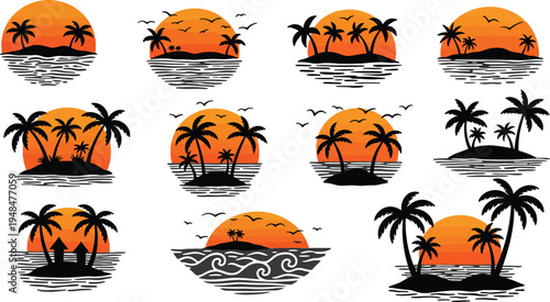 Tropical island palm tree silhouettes at sunset on water with various wave patterns and island shapes in orange and black