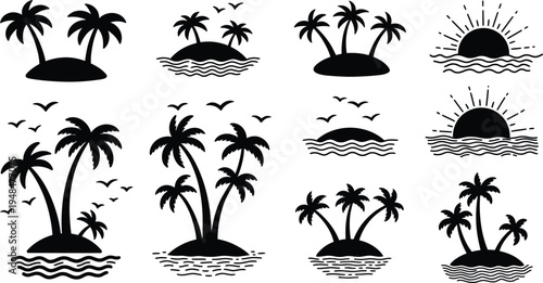 Black silhouettes of tropical islands with palm trees and birds in various sunny and serene ocean settings