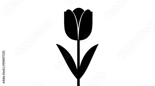 A simple, minimalist black and white tulip silhouette on a white background, stems, leaves included