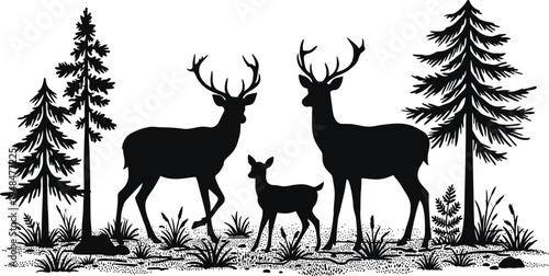 Black silhouette of deer family with trees in forest landscape