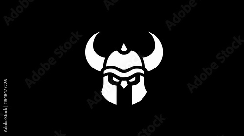 A stark white Viking helmet with horns and a fierce face against a black backdrop