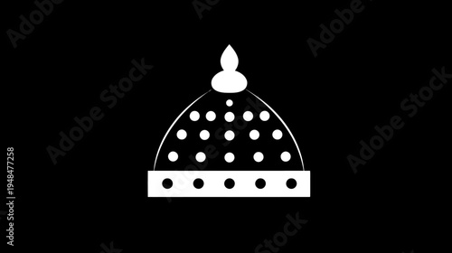 Stylized, white illustration of a domed headdress with a floral-like adornment