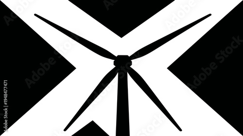 Black and white abstract image of a wind turbine within an 'X' shape with geometric forms