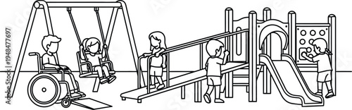 Children's day fun at the playground with kids on swings and slide