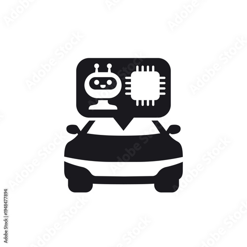 autonomous car icon with robot and chip on white