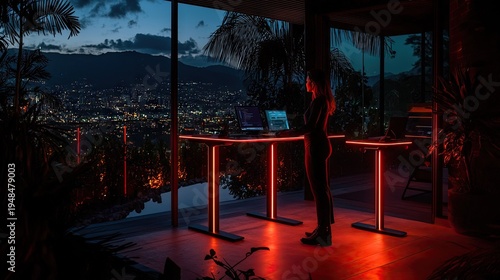 Woman works on laptop at illuminated standing desk overlooking sprawling city lights at dusk