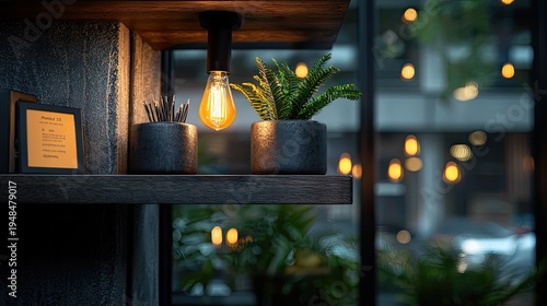 Warm glowing filament light illuminates potted greenery and office supplies on a rustic wooden shelf beside a window