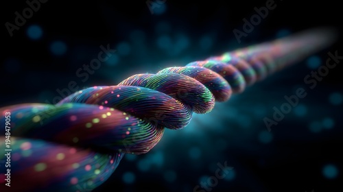 Conceptual render of glowing multicolored braided network cable transmitting binary data