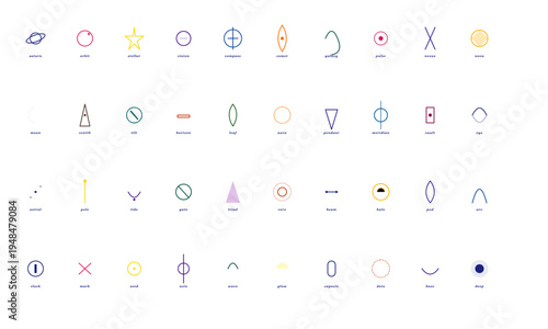 Colorful abstract geometric icon set representing diverse universal concepts and ideas.