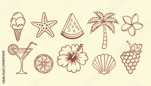 Hand drawn summer beach doodle set with tropical icons and sea elements