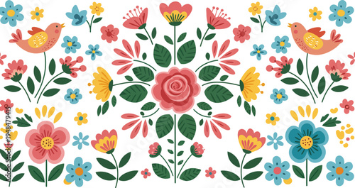 Vibrant floral arrangement with colorful flowers and leaves on white background