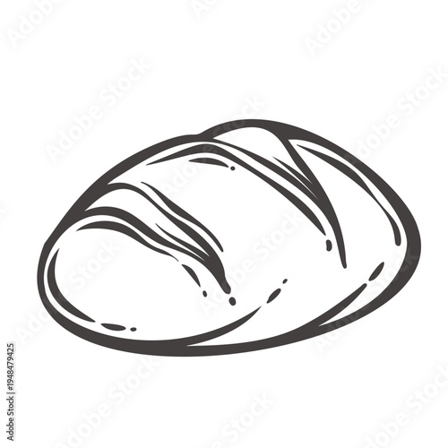 Round bread loaf with natural crust texture and scoring in retro outline style. Artisan bakery wheat bread icon, rustic baked loaf engraving drawing, monochrome vector illustration.
