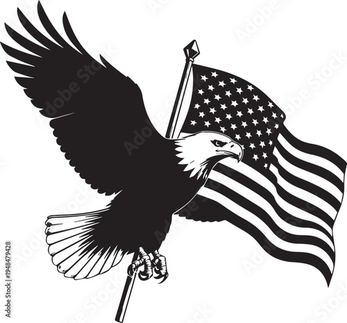  Bald Eagle in Flight with American Flag - Patriotic Vector of Soaring Eagle, Stars and Stripes, and Extended Talons Gripping Flagpole