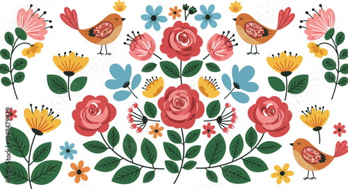 Vibrant floral pattern with roosters and butterflies on white background