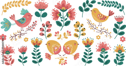Vibrant floral pattern with birds and flowers in pastel colors on white background