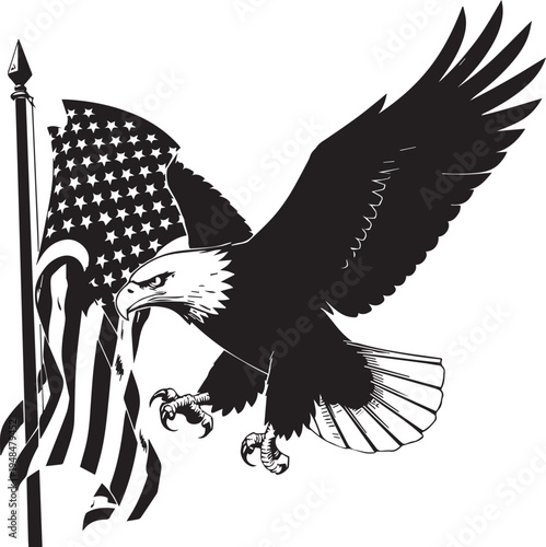 Bald Eagle in Flight with American Flag - Patriotic Vector Illustration of Soaring Eagle, Stars, Stripes and Extended Talons