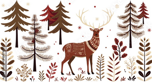 A deer stands among evergreen trees and plants in a serene forest landscape with snowflakes gently falling around