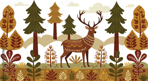 A majestic deer standing in a forest surrounded by trees and foliage in warm autumn colors