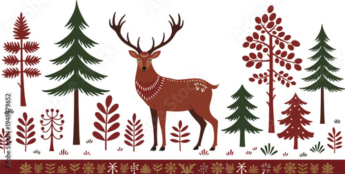 Brown deer with large antlers standing among evergreen and deciduous trees in a forest landscape with autumn foliage