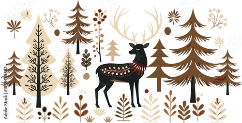 A deer with a red bow stands amidst a forest of trees and foliage in a whimsical winter scene