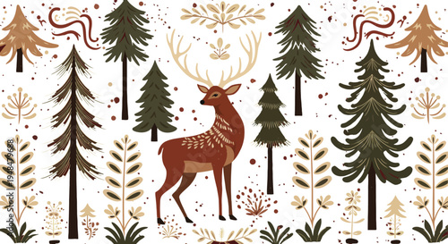 A deer stands amidst a forest of evergreen trees in a whimsical winter scene with snow and festive foliage