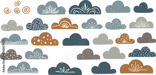 Set of different animal and tree vector silhouettes featuring weather icons like the sun, rain, and snow for a climate forecast design element