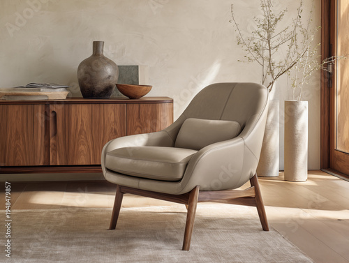 Elegant taupe leather armchair with minimalist design and wooden legs, showcasing refined interior decor with ceramic vases and a wooden cabinet