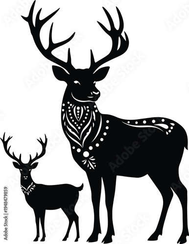 A large stag and a smaller fawn standing side by side in a black silhouette on a white background