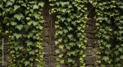 Lush Green Ivy Tapestry Climbing Two Weathered Trunks on an Old Wall.