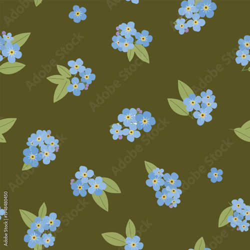 Seamless pattern of blue forget-me-not flowers and green leaves