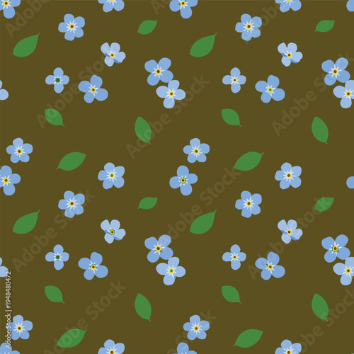 Seamless pattern of light blue forget-me-not flowers and green leaves
