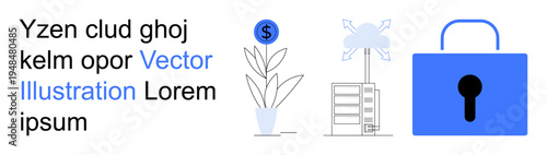 Financial growth, data security, cloud computing, technology, digital finance, innovation. Potted plant with a dollar sign, cloud server and lock icon. Highlighting financial growth and data