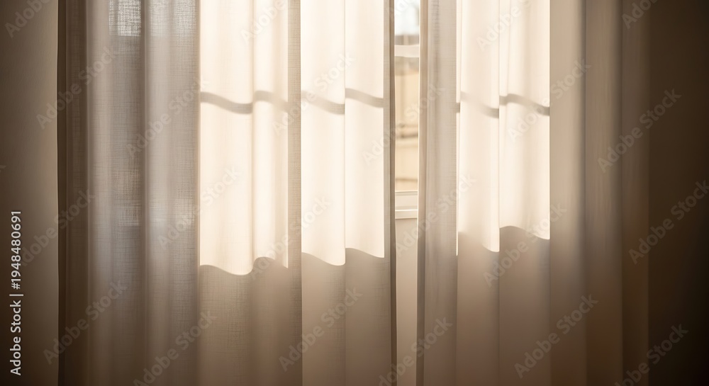 Fototapeta premium Soft, warm sunlight filtering through delicate curtains, creating a serene ambiance.