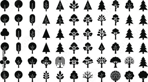 Tree and plant silhouette vector illustration, tropical broadleaf conifer icons, forest nature artwork, botanical outdoor design, landscape foliage scene - flat vector illustration