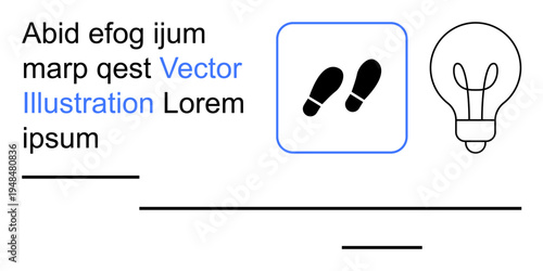 Business strategy, creativity, progress, innovation, design communication, minimalism. Footsteps icon in a box alongside text and a lightbulb graphic. Business strategy and creativity concept