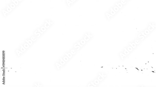 Abstract dark fragments explode and disintegrate across a clean white background, creating a dynamic visual representation of destruction and motion.
