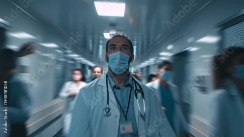 A cinematic scene of a doctor rushing through a hospital hallway, capturing the urgency, tension, and heroism of a healthcare professional in motion during a dramatic life-saving moment