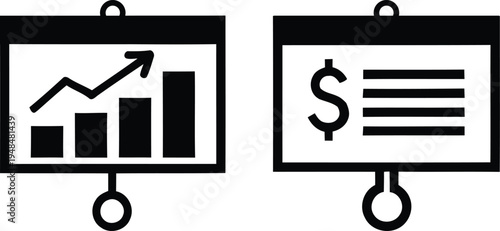 Two black and white icons of graphs and financial reports isolated on transparent background