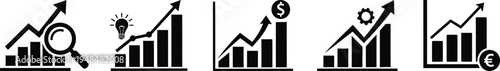 Five black and white business graph icons isolated on transparent background