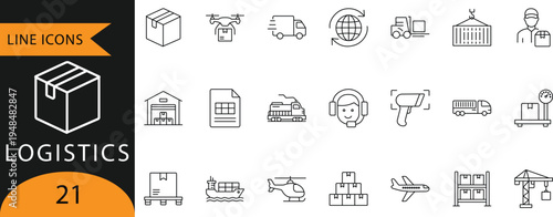 Logistics and delivery line icons set with warehouse, truck, container, and cargo ship.
