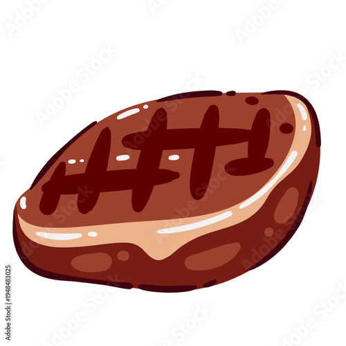 Grilled steak with grill marks and juicy meat texture, bbq beef cut for barbecue cooking. Grilled steak in bold cartoon style for menu, packaging and branding, vector illustration.