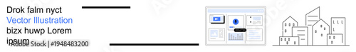 Urban planning, architecture, data analysis, technology, city infrastructure, construction. Digital interface with data panels and cityscape outline. Urban planning and architecture concept