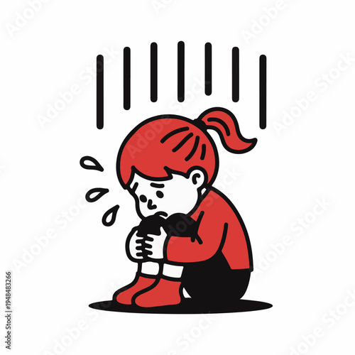 Sad girl sitting curled up with arms around knees illustrating intense emotional distress, anxiety, or depression against a white background.