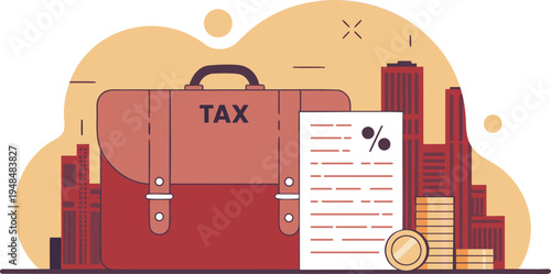 A flat vector illustration of a briefcase with tax documents and coins against a city background