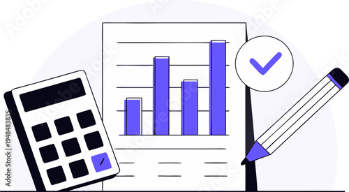 A minimalist flat illustration depicting financial planning with a calculator graph and a pencil