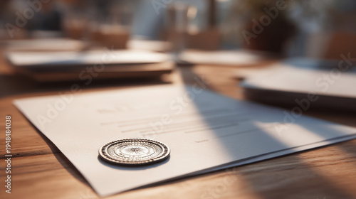 Donor certificate with recognition badge on wooden table