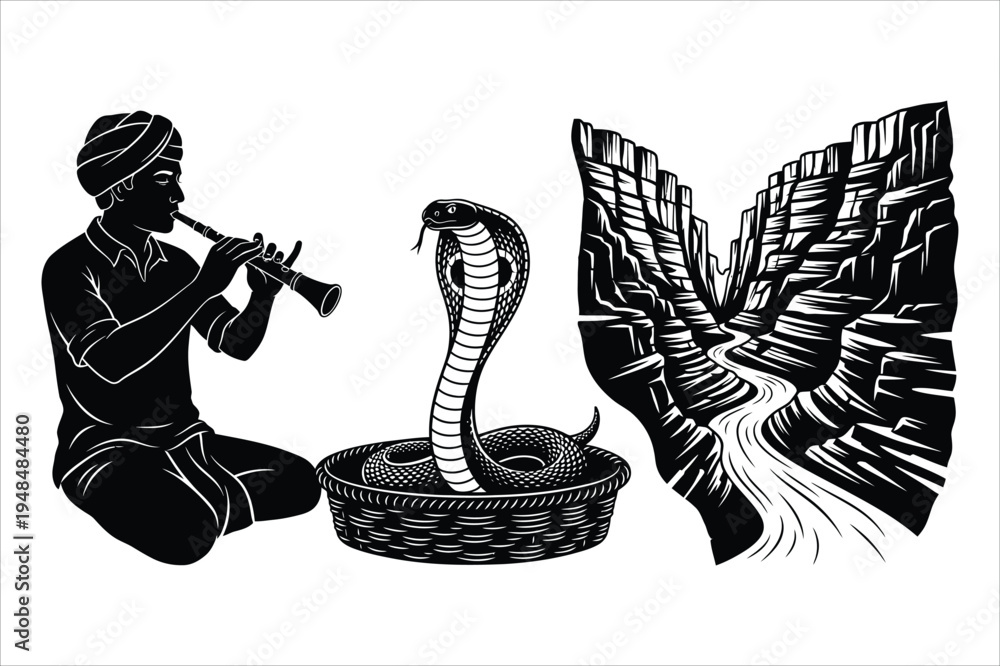 Ταπετσαρία Snake charmer playing flute near cobra and desert landscape