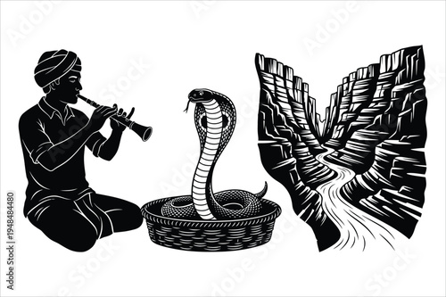 Snake charmer playing flute near cobra and desert landscape